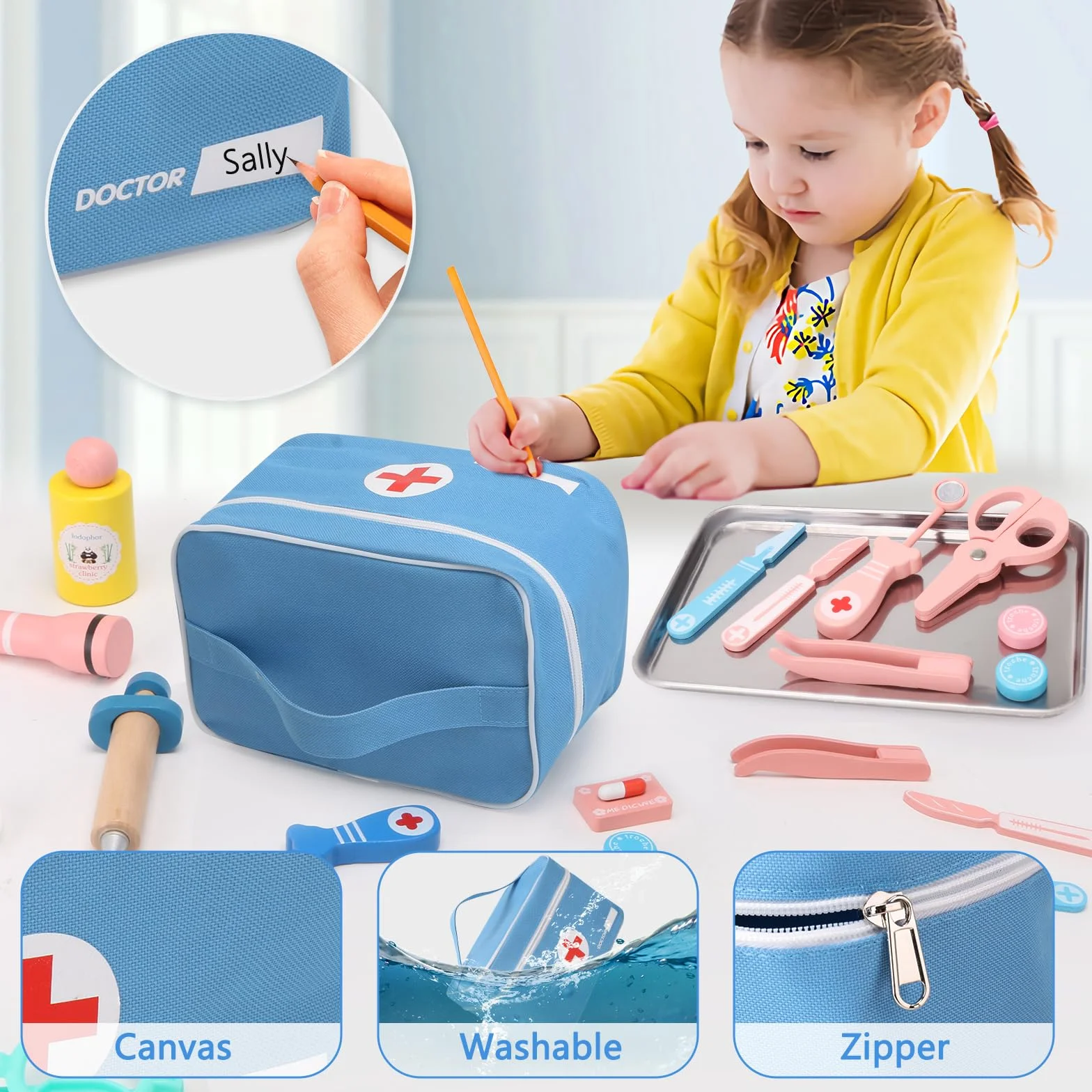 Valigetta Dottore Bambini, Legno kit Dottoressa Bambina con Vero Stetoscopio, Termometro, Camice da Medico e Borsa da Medico Portatile, Giochi di Ruolo, Giochi Bambini 3, 4, 5 Anni