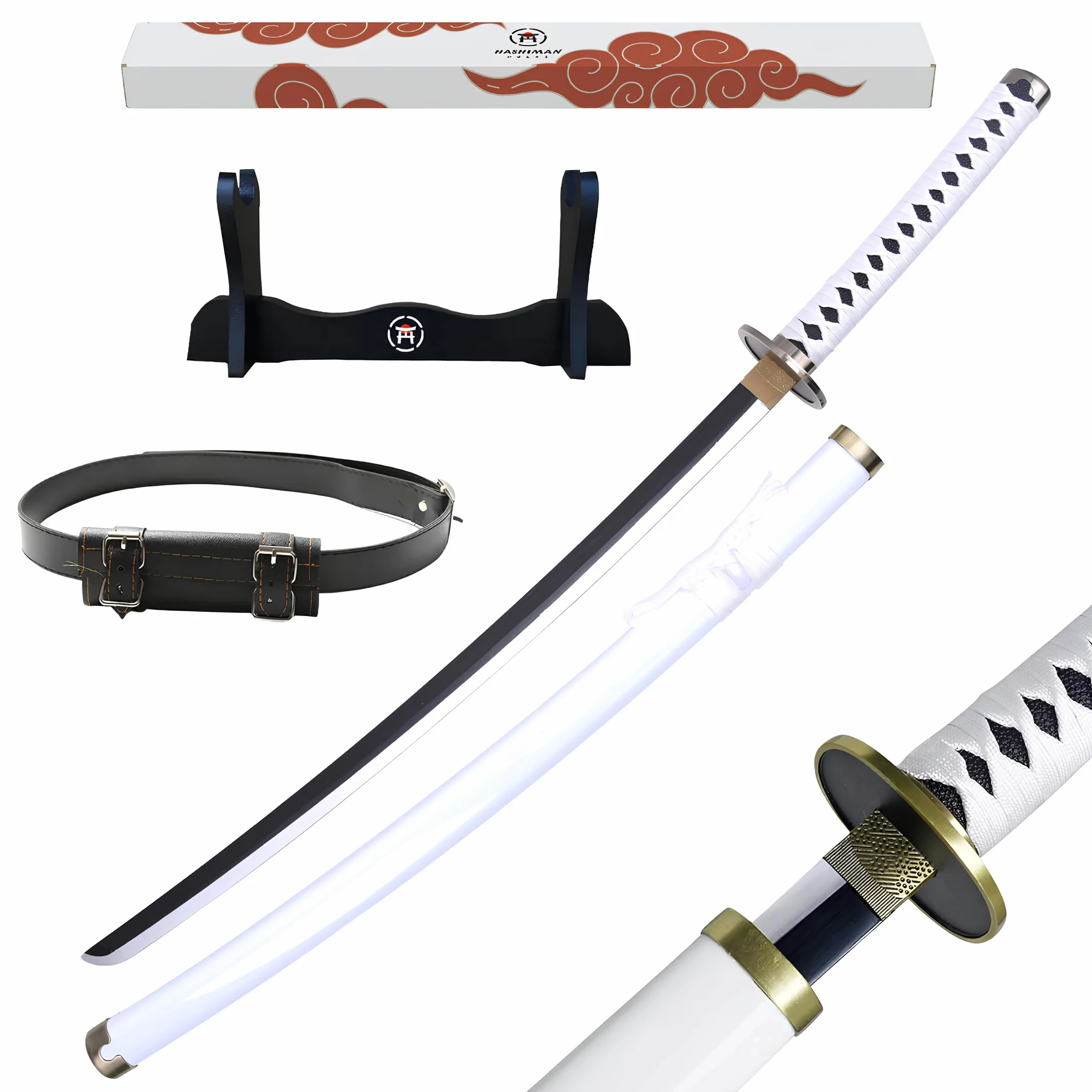 Katana One Piece - Vera Manga Sciabola + Porta Spada di Legno + Cintura - Catana Giapponese Decorazione Cosplay Giocattolo per Bambini Adulti Gioco Costumi