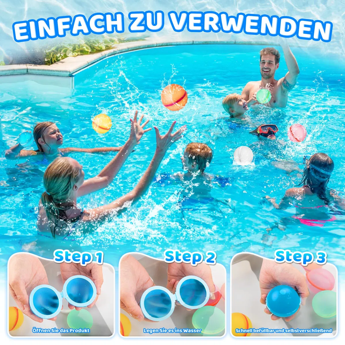 6 bombe d'acqua riutilizzabili, in silicone a chiusura automatica, con tasca a rete, set di bombe d'acqua, adatti per bambini, adulti, spiaggia, feste in piscina