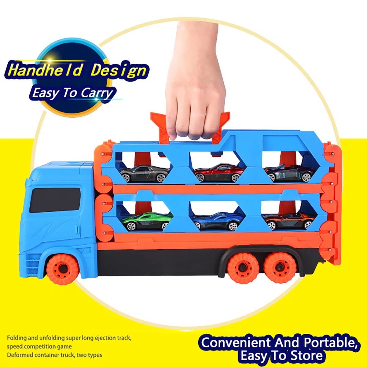 Camion Trasporto Giocattolo con 8 Macchinine, Auto per Bambini di 3,4,5,6,7,8+Anni,Garage,Portatile e Pieghevole con Circuito da Corsa da 61 Pollici,Regalo di Compleanno per Bambini