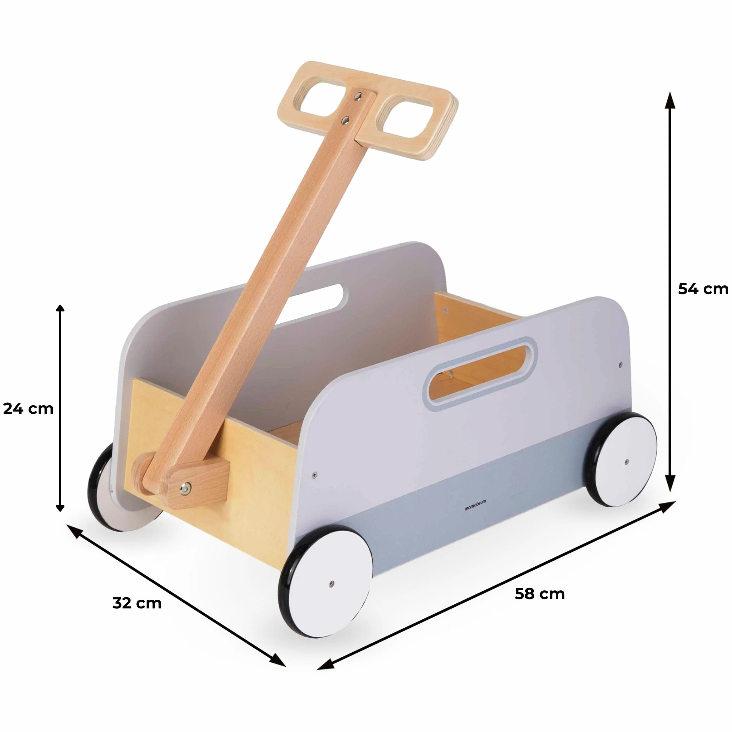 Mamabrum Carretto Giocattolo in Legno - Rimorchio Trainabile per lo Sviluppo delle Capacità Motorie, Alta Stabilità, Girello Multifunzione per Bambini