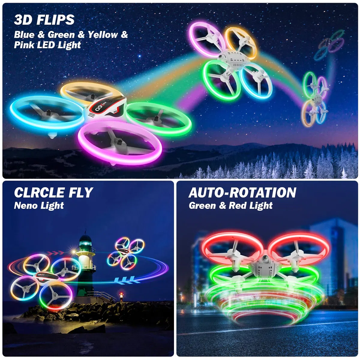 Drone con Telecamera per Bambini, Giocattolo Regalo Droni Telecomandati con Luce LED, RC Quadricottero Elicottero con Modalità Senza Testa, Funzione Hovering, 3D Flip e 2 Batterie