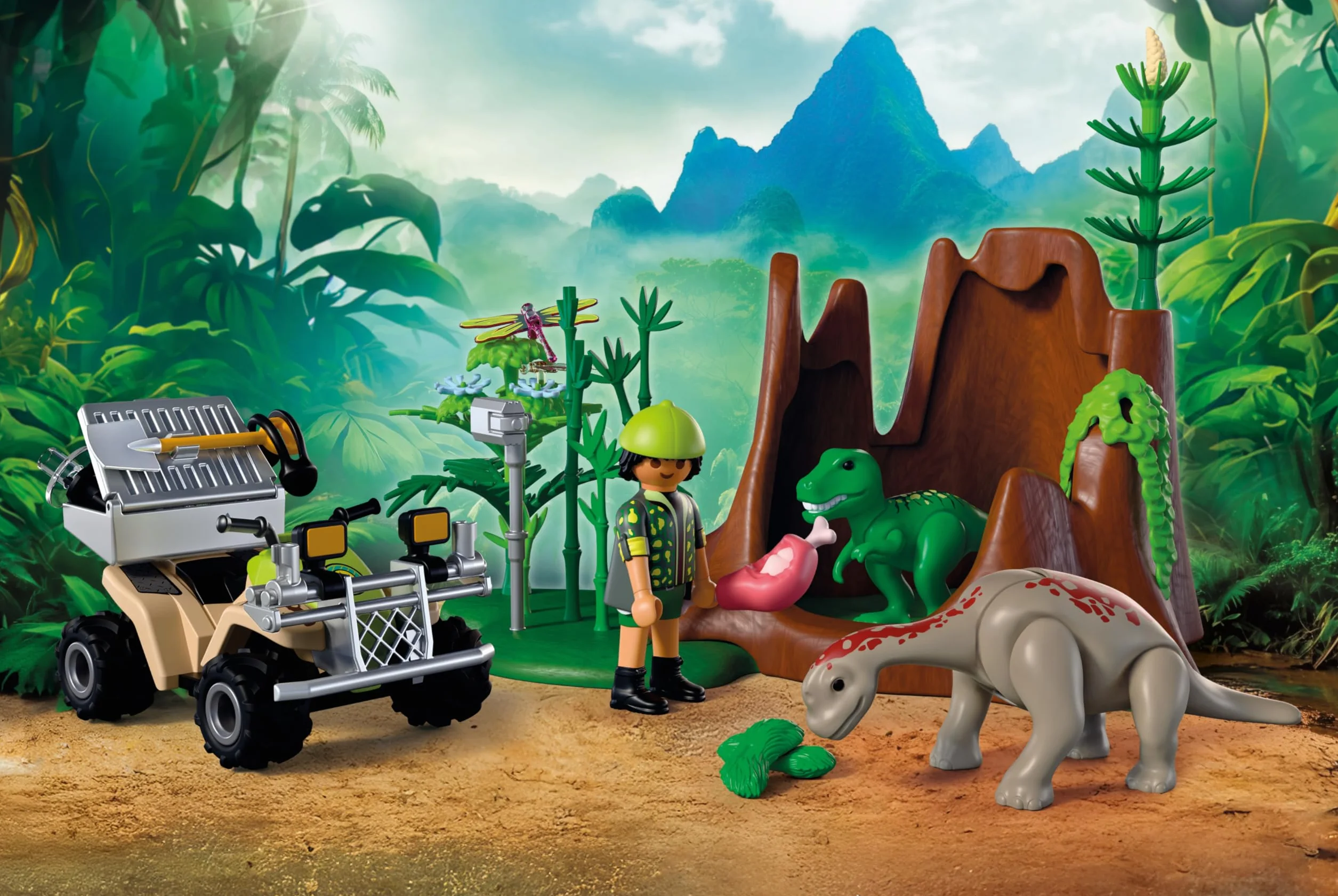 PLAYMOBIL | Dinos | Dinosauri Hideout | Dino Explorer con Quad, Baby T-Rex e Baby Brachiosaurus | Giocattolo per bambini dai 4 anni in su | 72069