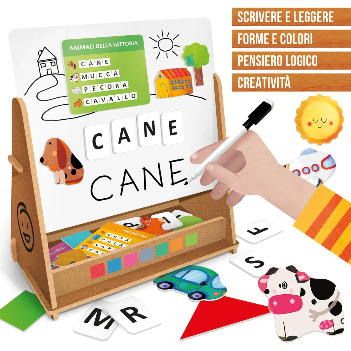 HEADU - Lavagna Didattica Magnetica e in Legno - Ricco Kit Educativo per Imparare a Leggere, Scrivere e Contare con Il Metodo Montessori, Giochi Educativi 3 4 5 6 Anni, Lavagnetta in Legno Magnetica