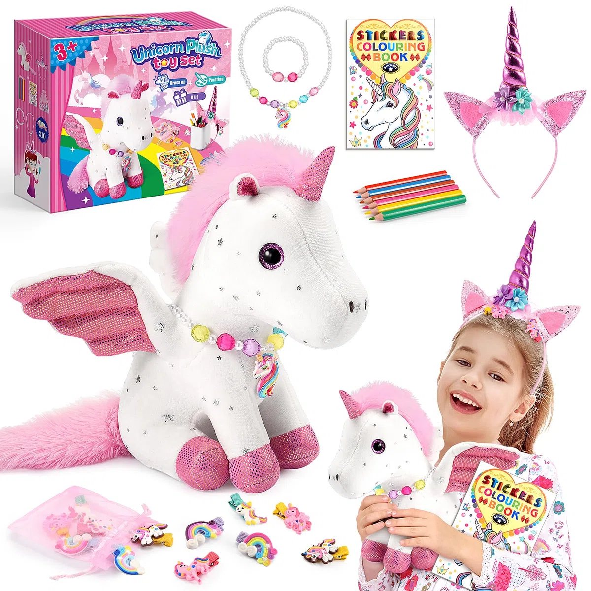 EUCOCO Peluche Unicorno Bambina Regalo, Regalo Bambina 3-7 Anni Giocattoli Unicorno Kit Pittura per Bambini 3-8 Anni Femmina Giochi Gioco di Ruolo Bambini 3-7 Anni Regalo Ragazza Braccialetto