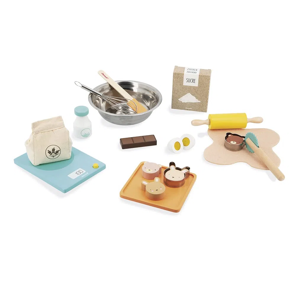 Janod Il Mio Set da Pasticcere, Giocattolo di Imitazione Cucina e Ristorante, 19 Accessori in Legno e Feltro, Certificato FSC, Vernice ad Acqua, dai 3 Anni, J06618
