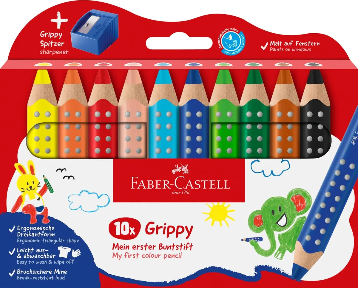Faber-Castell 110636 Set Grippy, 10 Matitoni Colorati per Bambini Jumbo, Facilmente Lavabili, Forma Ergonomica Triangolare e Mina Spessa 10mm, Temperino Incluso