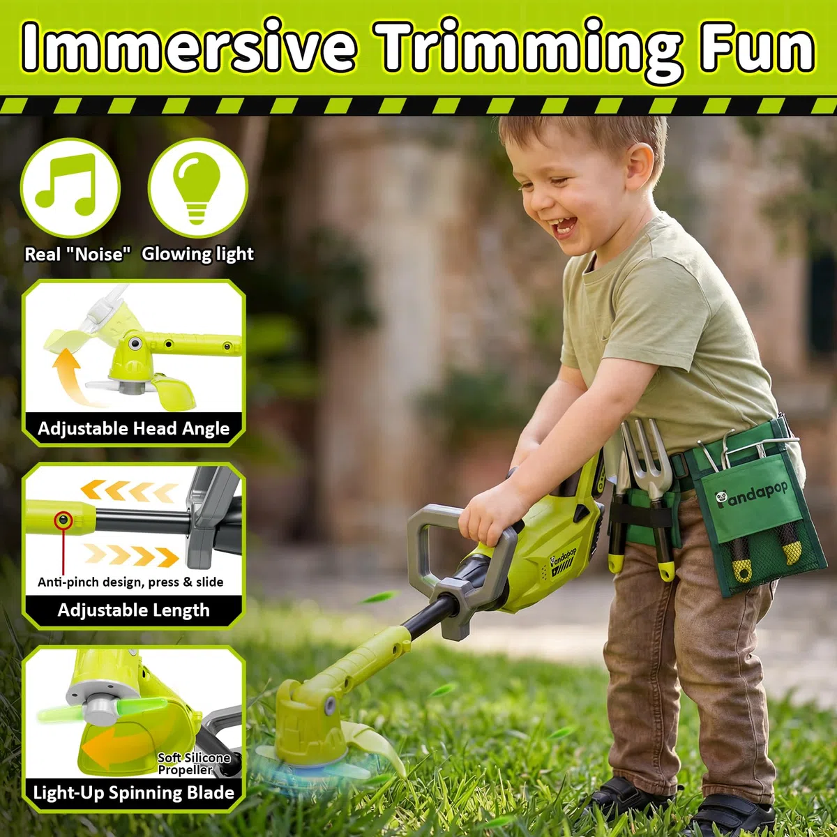 Pandapop 2 in 1 Attrezzi da Lavoro Bambini, Decespugliatore Bambini con Luci, Soffiatore Foglie con Suoni, Kit Giardinaggio Bambini con Cintura E Guanti, Giochi Bimbo 3 Anni