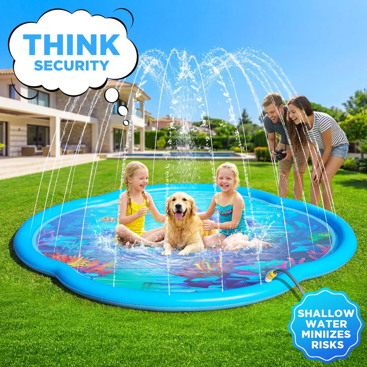 ChlorBlu Splash Pad, Irrigatore per Bambini e Cani, 186CM Piscina Gonfiabile Rotonda Sea World per Bambini, Tappetino da Gioco Acquatico Rinforzato per Esterni, Irrigatore Gonfiabile da Giardino