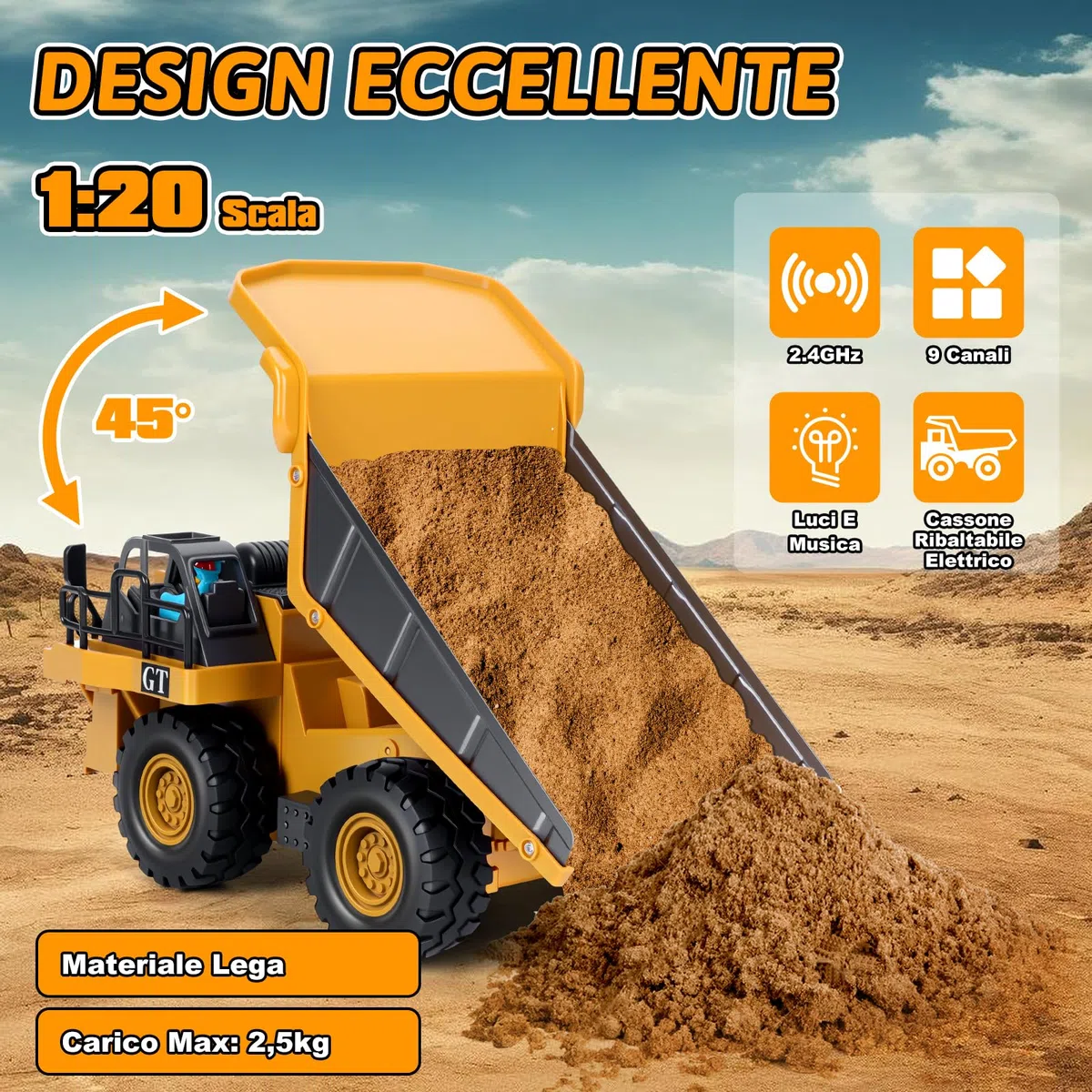 Camion Ribaltabile Telecomandato, 2.4GHz Veicolo da Costruzione RC per Bambini, 9 Canali Camion Radiocomandato con Luci e Suoni, Camion Telecomandato per Ragazzi e Ragazze dai 3 anni
