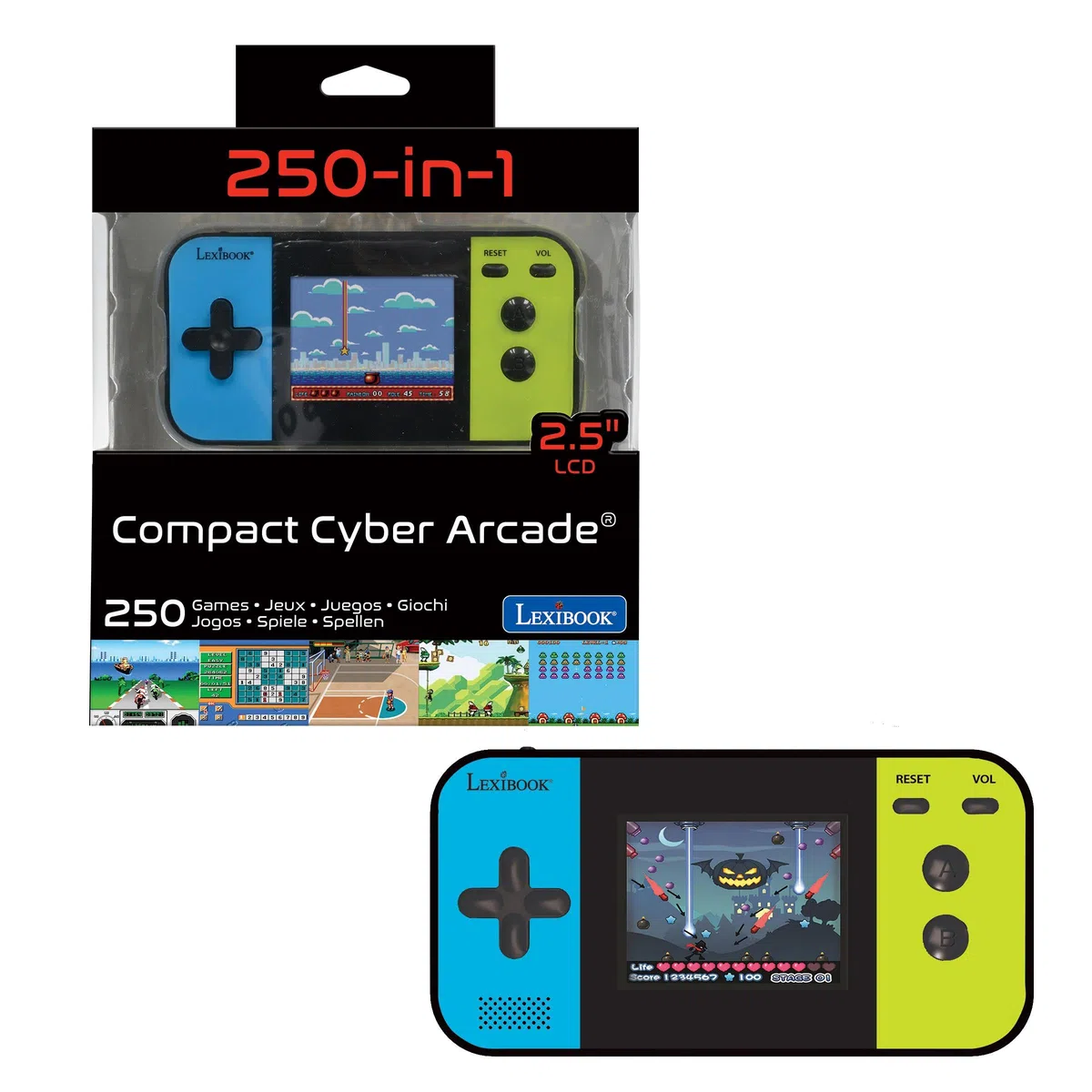 Lexibook Console di Gioco Portatile Compact Cyber Arcade, 250 Giochi, LCD, Batteria, Videogioco Bambino Adolescente, Nero/Blu/Verde, JL2377LXB