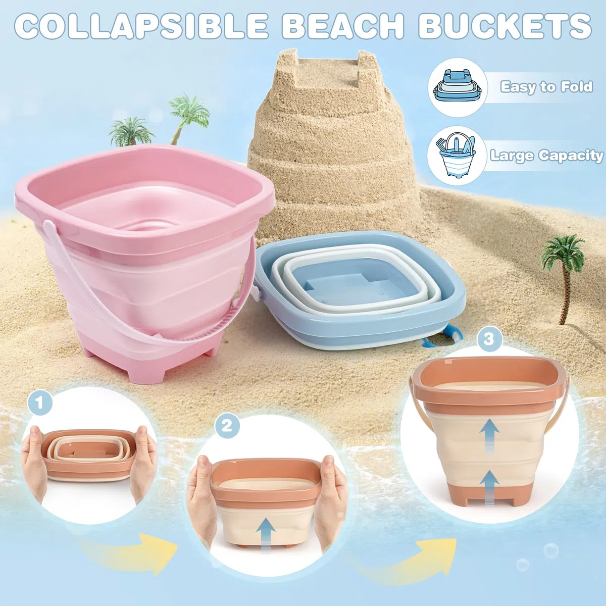 Dreamon Giochi Spiaggia Bambini Set 3 4 5 Anni con Secchiello Spiaggia Bambini Pieghevole Sacco a Rete Setaccio per La Sabbia Pala e Rastrello Giocattoli Regalo Esterno per Bambini e Bambine
