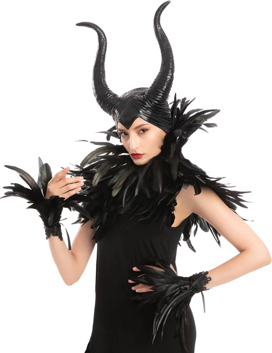 Spooktacular Creations Set di accessori Black Evil Queen con corno, scialle di piume e polsini di piume per Halloween Cosplay Party Gothic Crow Costume Dress Up
