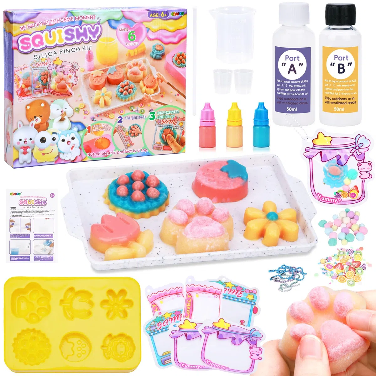 VBACALA 24 Pezzi Taba Squishy Kit Fai da Te,150g AB Silicone 1:1 Miscela Creare Taba Squishy Zampa, Fiori, Erba, Fragole, Pasticcini Squishy Antistress,Regalo Antistress Fai da Te per Bambini Adulti