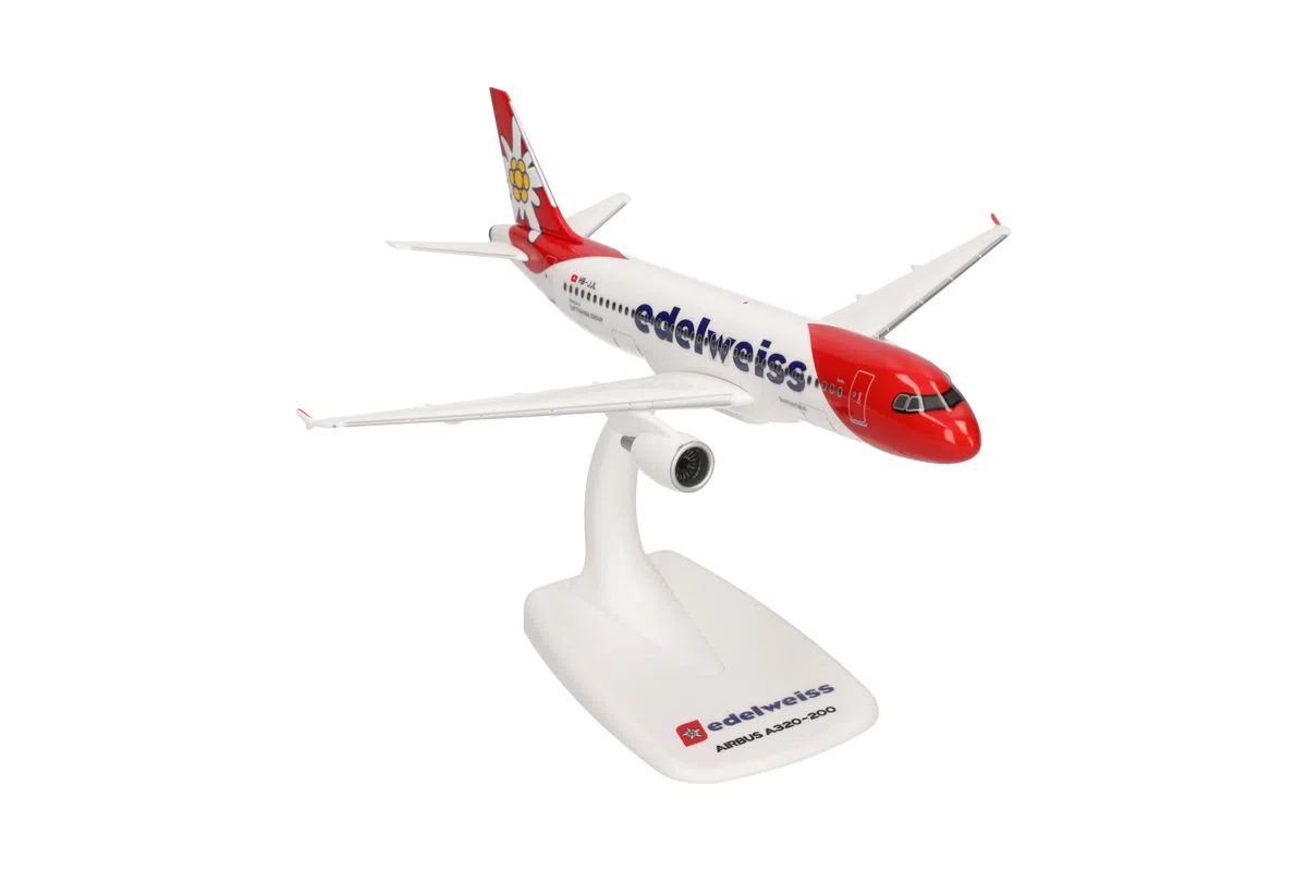 Herpa modello di aereo Edelweiss Air Airbus A320, scala 1:200 - Snap-Fit, pezzo da collezione, miniatura deco, statuetta con supporto in plastica