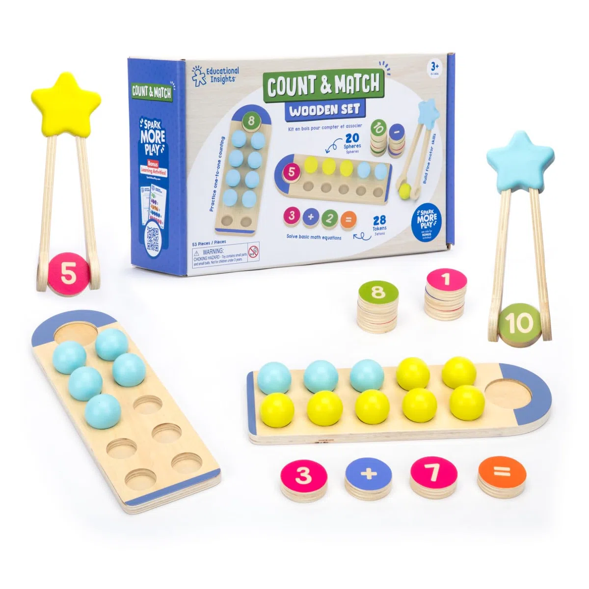 Learning Resources Set In Legno Conta E Abbina Multicolore Gioco Montessori Educativo Matematica Prescolare, Abilità Motorie, Contare, Abbinare, Addizione, 20 Sfere, 28 Gettoni, Pinze In Legno, Età 3+