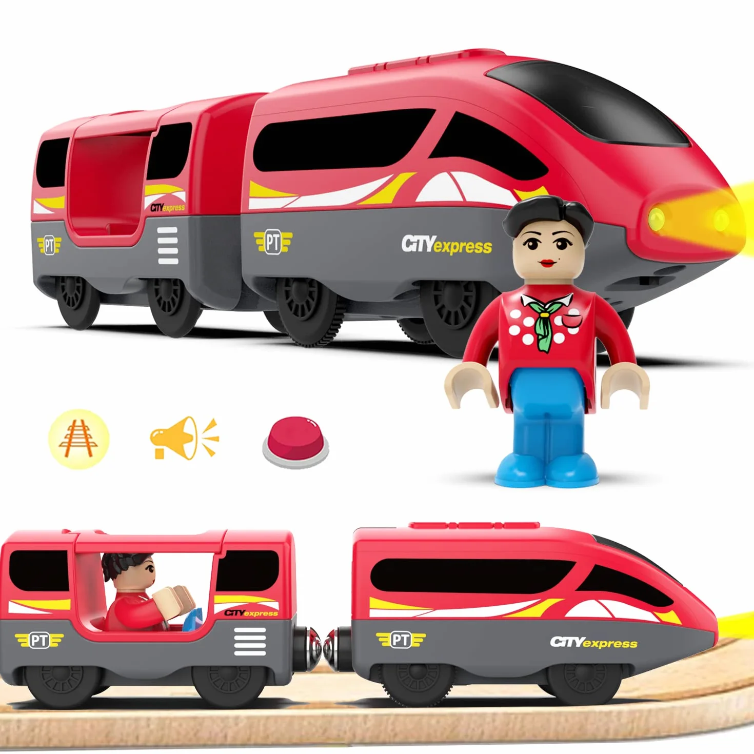 LiRiQi Locomotiva ad Azione a Batteria (connessione Magnetica), Treno Elettrico per Bambini, Auto Giocattolo Regali Bambini, Rail Treno passeggeri compatibile con Thomas, Brio, Rosso
