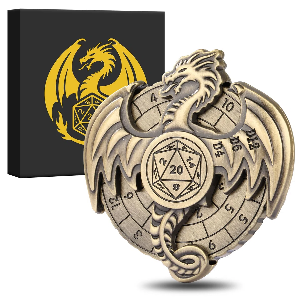 DND Ruota Dadi Spinner - 7-in-1 Drago Metallici D&D con Roulette, Gyro di Dito, Scatola Regalo, Accessori per Giochi di Ruolo e Società - Bronzo