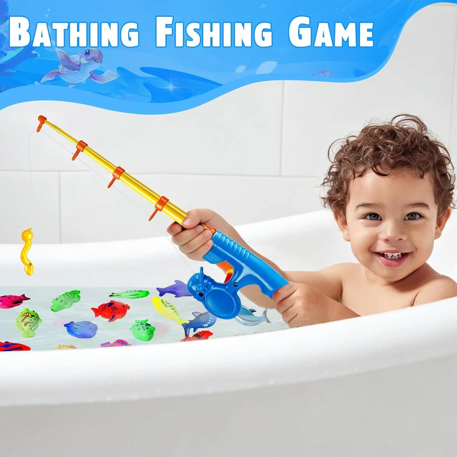 Set di pesca alla linea magnetica XXL 59 pezzi con piscina per bambini, giocattolo d'acqua e piscina per bambini 3 4 5 anni, set completo per giardino, spiaggia e bagno, inclusi 4 canne da pesca, 4