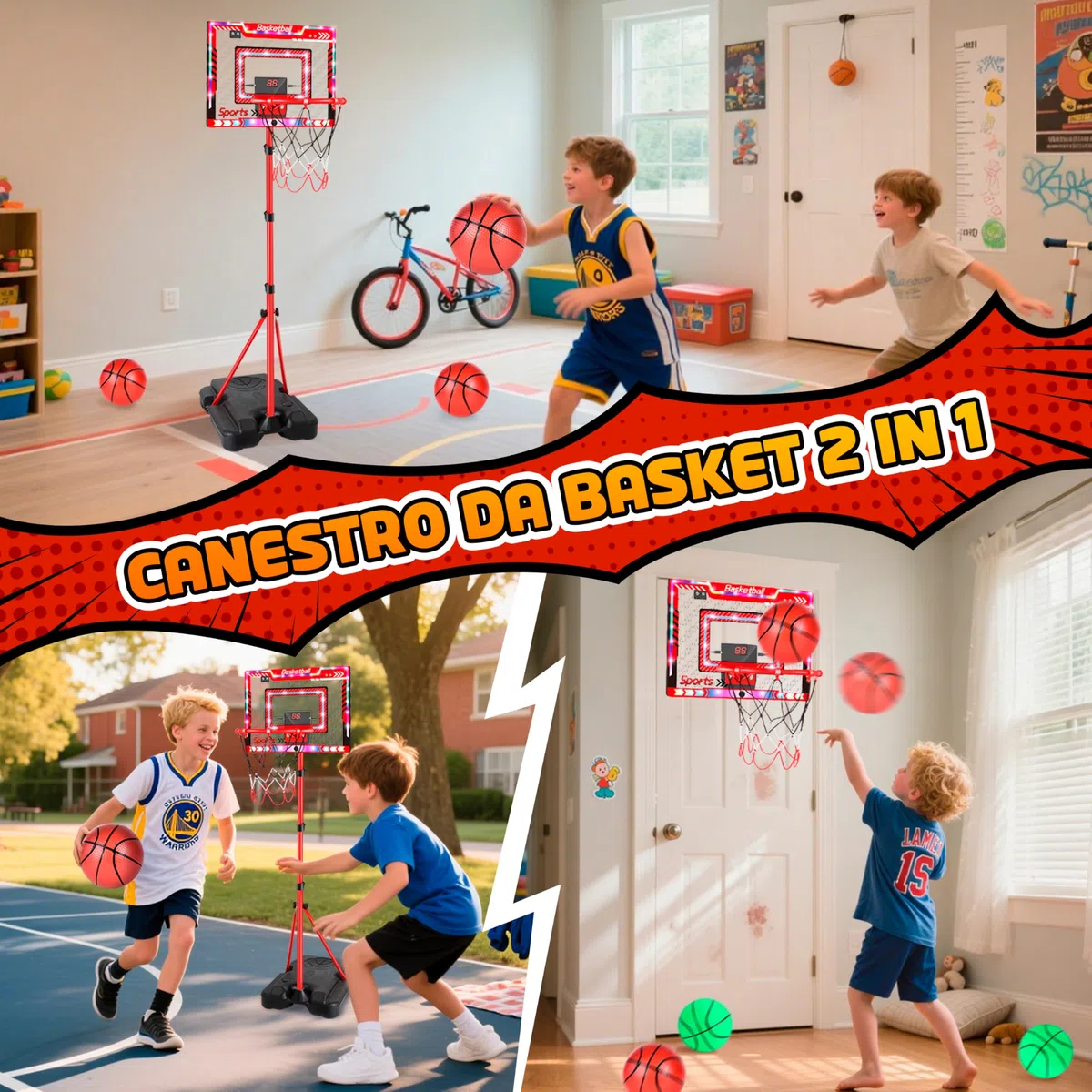 Charmofun Canestro da Basket LED per Bambini, Altezza Regolabile 105-183 cm, 2 in 1 Basket Interno Esterno Con 5 Palline, Musik, Elettronico Punteggio Record, Portatile con Base Zavorrabile