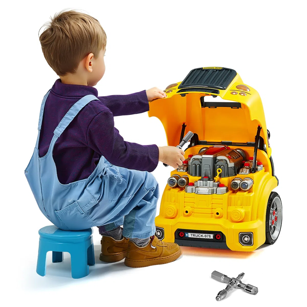 VEVOR Giocattolo Motore, 60 Pezzi, Set Riparazione Auto Meccanico Bambini con Parti Rimovibili, Luci e Suoni, Volante e Clacson, Set Officina Meccanico Bambini, Giocattolo Interattivo, Giallo