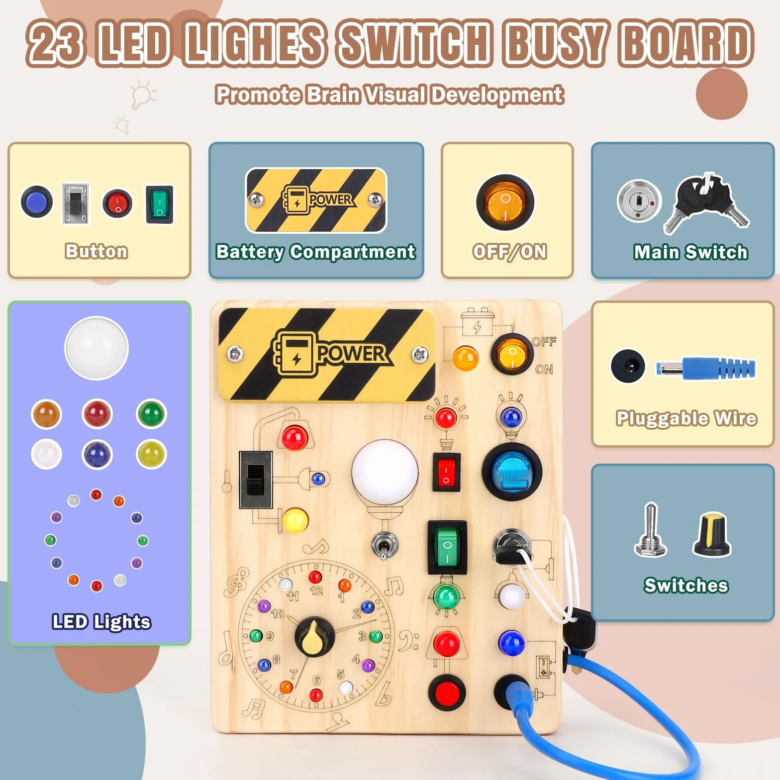 Busy Board Montessori Giocattolo a partire da 1 Anno in Legno Giocattolo Motorico Activity Board Sensoriale Giocattolo Educativo con 10 Interruttori e 23 Luci LED per Bambini Piccoli Regalo per