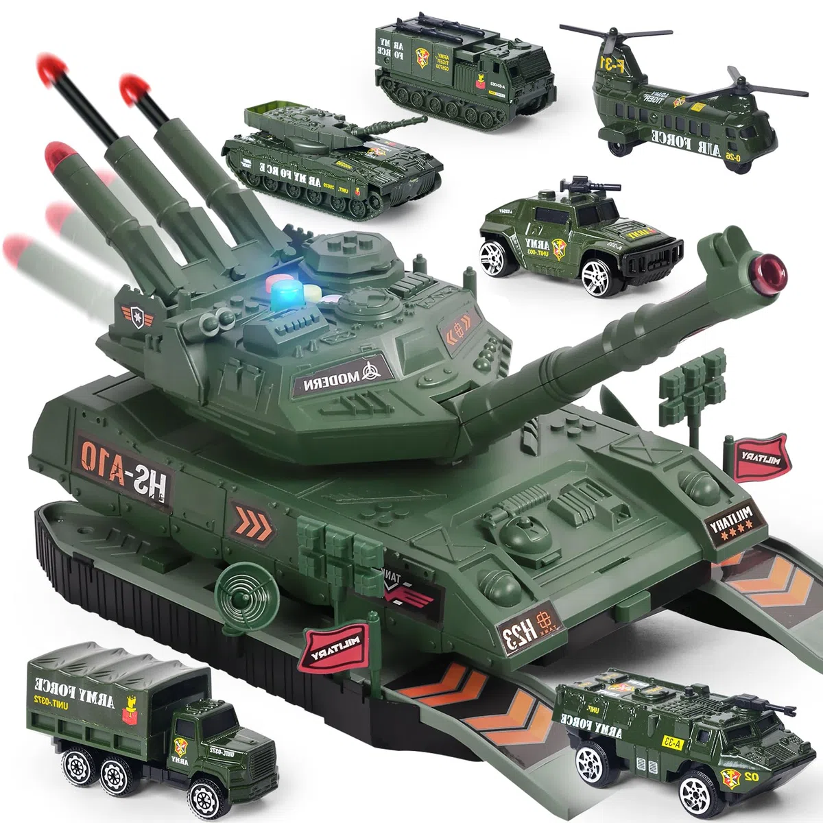 Carro Armato Giocattolo Militare con 6 Veicoli Militari, Carro Armato Giocattolo con Suono e Luce Lanciamissili Veicolo Carro Armato Regalo per Bambini Ragazzi 3 4 5 6 7 Anni (Verde)