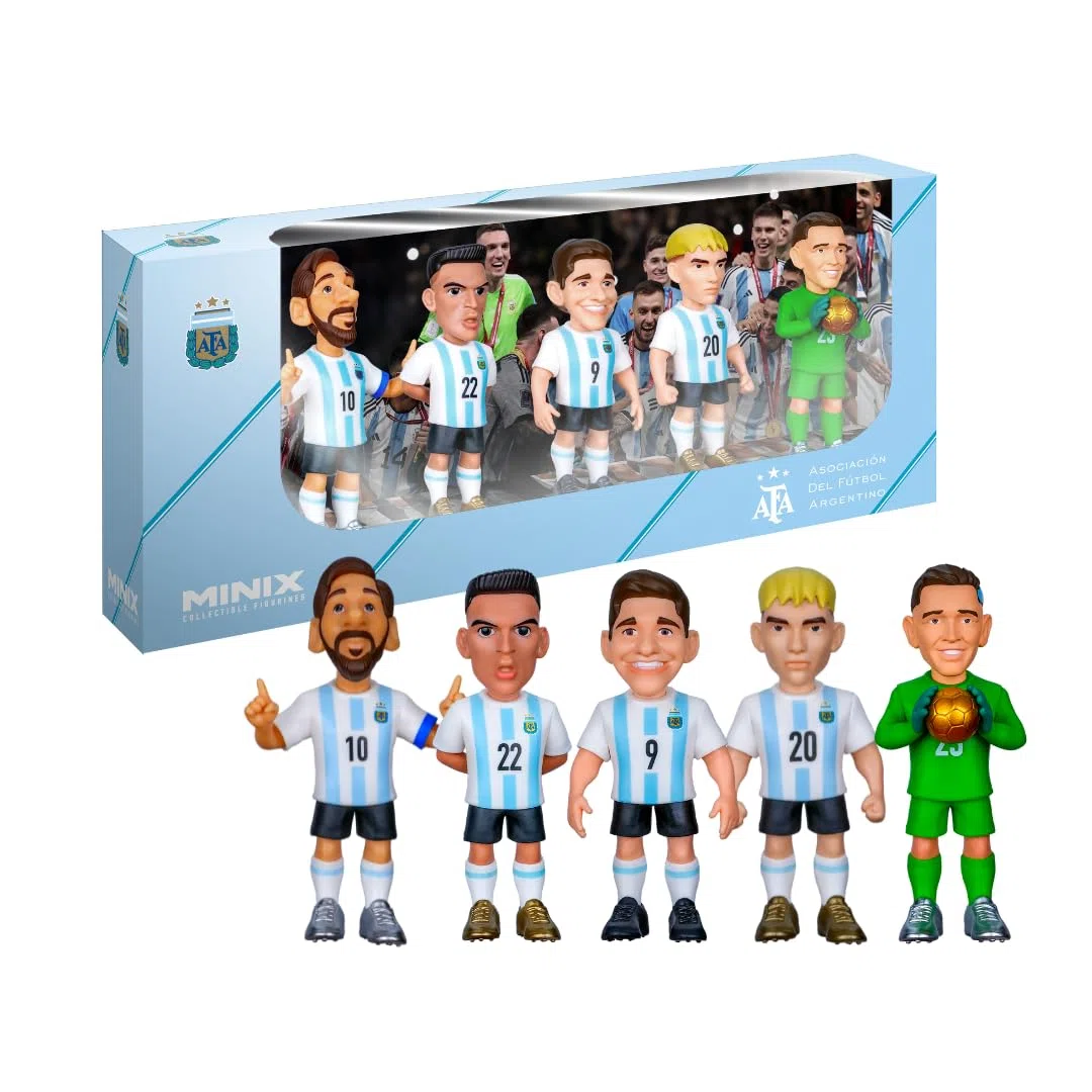 MINIX - Football Stars - Coppa del Mondo - Confezione - Argentina - 5 personaggi - Personaggio da collezione 7 cm (Messi, L Martínez, Alvarez, Mastantuono, D Martínez)