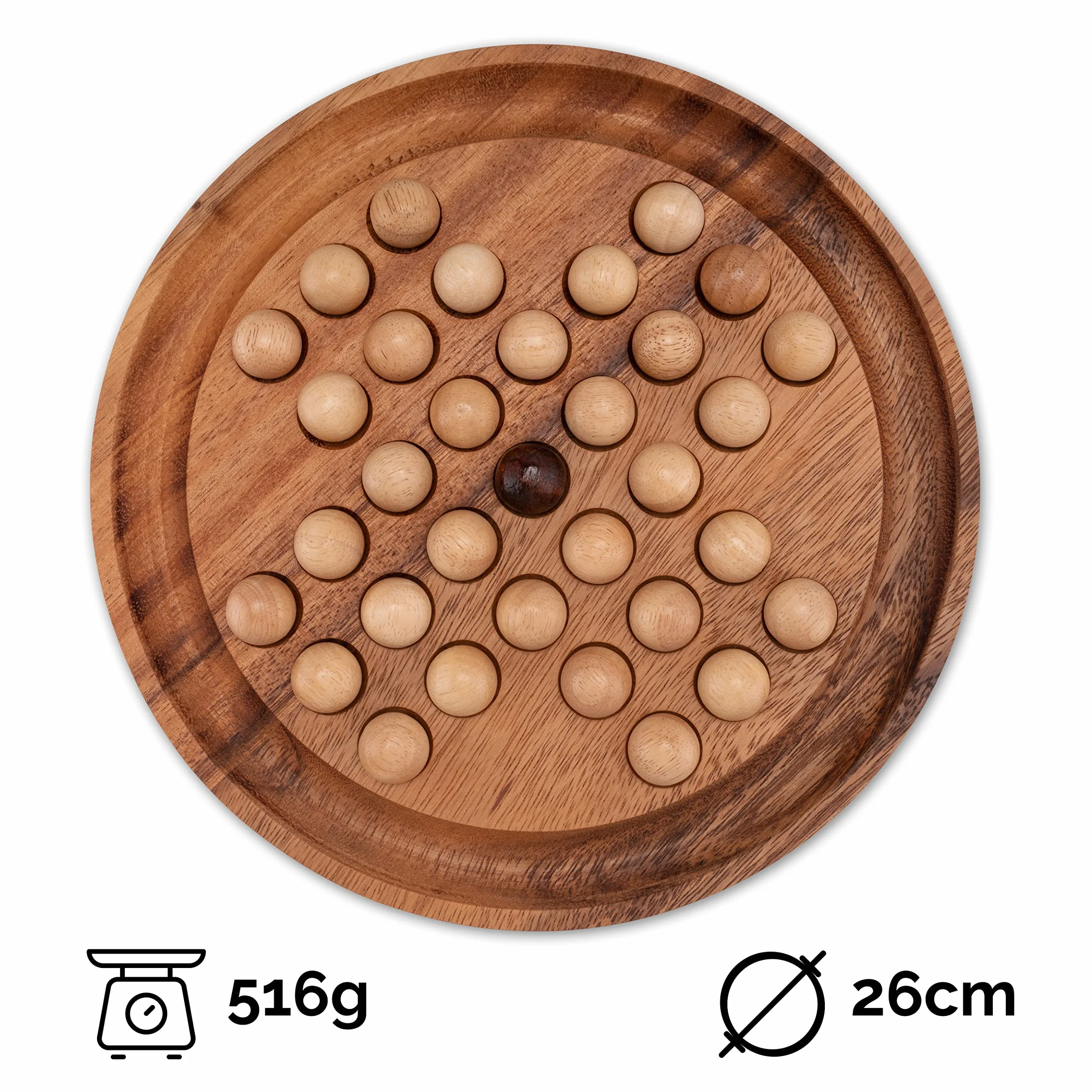 LOGOPLAY Solitario Gr. Xl Rotondo Con Palline, Diametro 26 Cm, Solitario, Rompicapo, Gioco di Indovinelli, Gioco di Pazienza, Gioco di Logica in Legno Di Samena (Marrone)