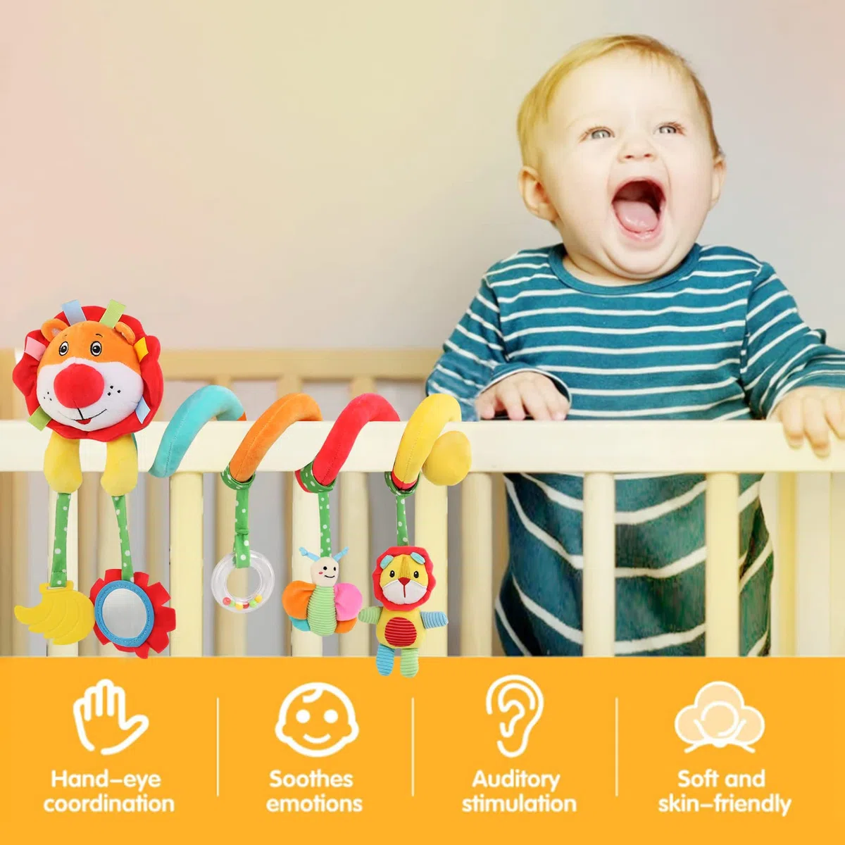 Giochi Neonato 0-3-6-12 Mesi, Gioco Passeggino Neonato, Spirale Passeggino, attività Giocattolo a Sonaglio Appeso, Carrozzina Peluche Giocattoli Regalo per Neonato Bambini - Leone