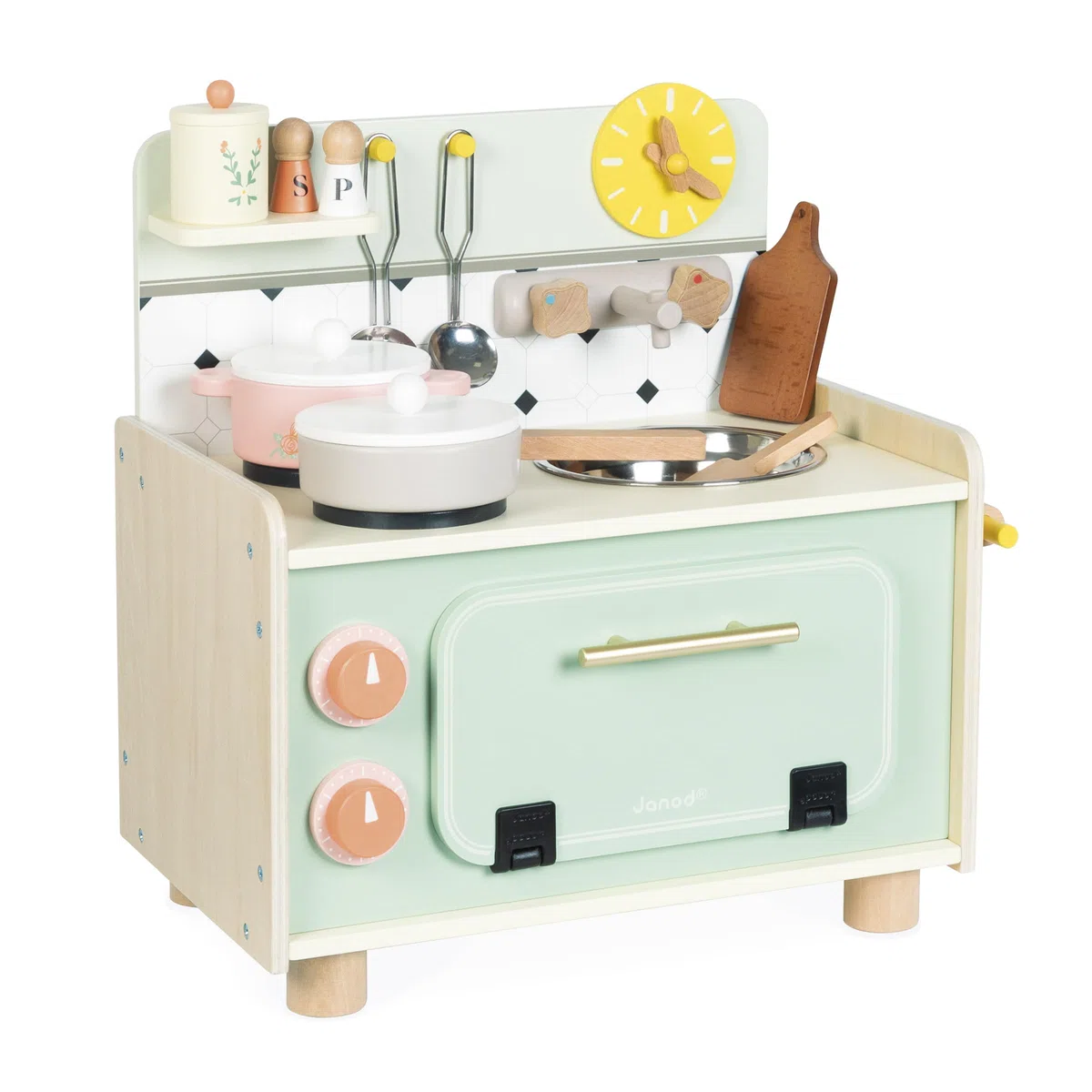 Janod - Cucinino per Bambini in Legno - Cucina per Bambini con Quattro Utensili e 10 Accessori Inclusi - Boutons Rotatifs Sonores - Jouet Imitation et Eveil - da 2 Anni, J06640