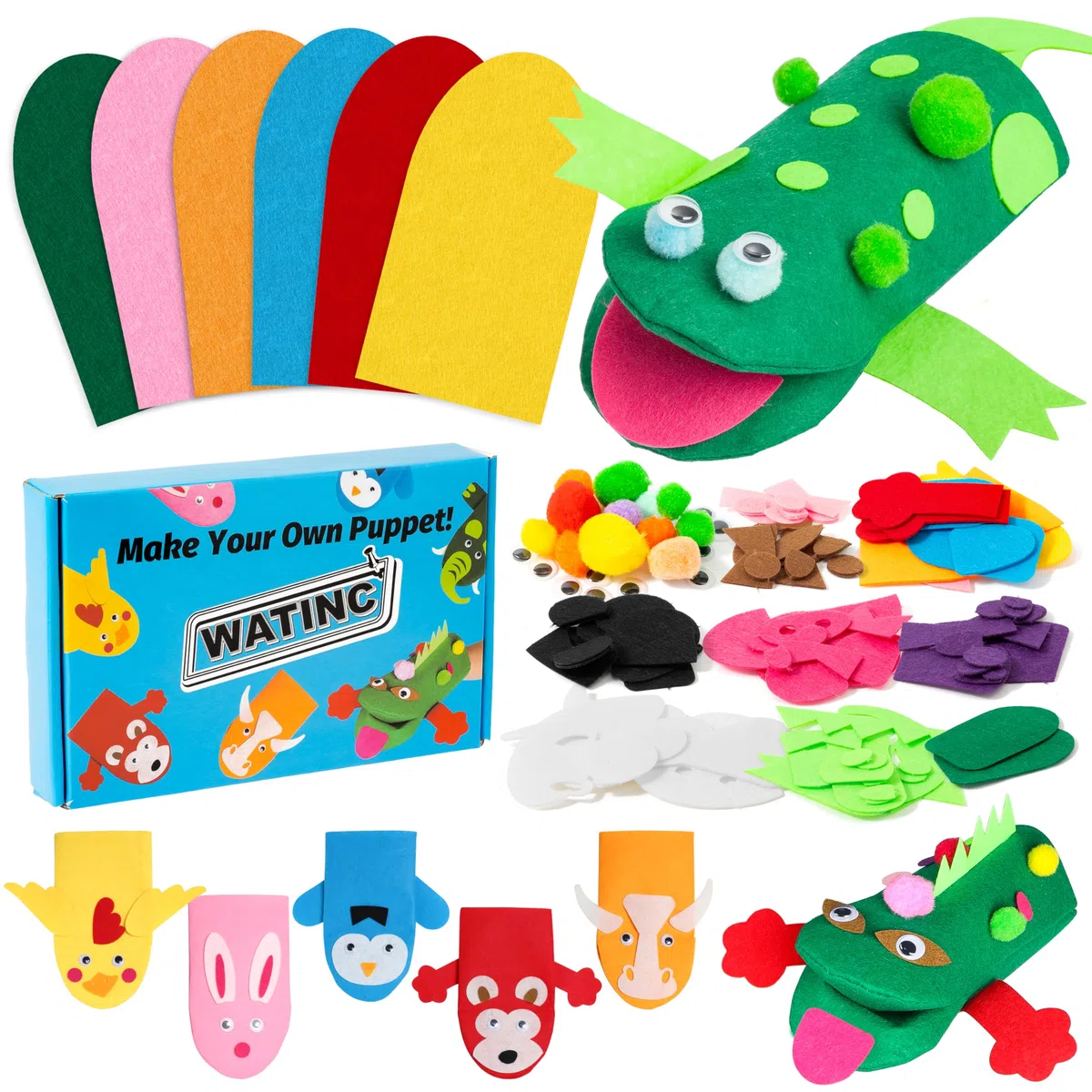 WATINC 6Pz marionette a mano Kit bambini DIY Art Craft Set di decorazioni in feltro Giochi di ruolo Burattini Divertenti Giochi, Glitter Palla Pompon Wiggle Googl Occhi, fai-da-te Burattini a mano