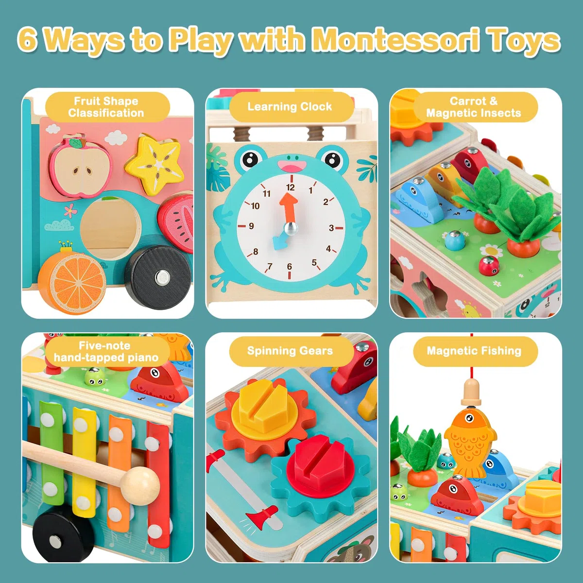 Cubo Motorio Giocattolo in Legno 5-in-1 Trattore con Pesca Gioco di Ingranaggi Xilofono Classificazione delle Forme Giocattolo Educativo Regalo per Bambini dai 1 ai 2 ai 3 Anni