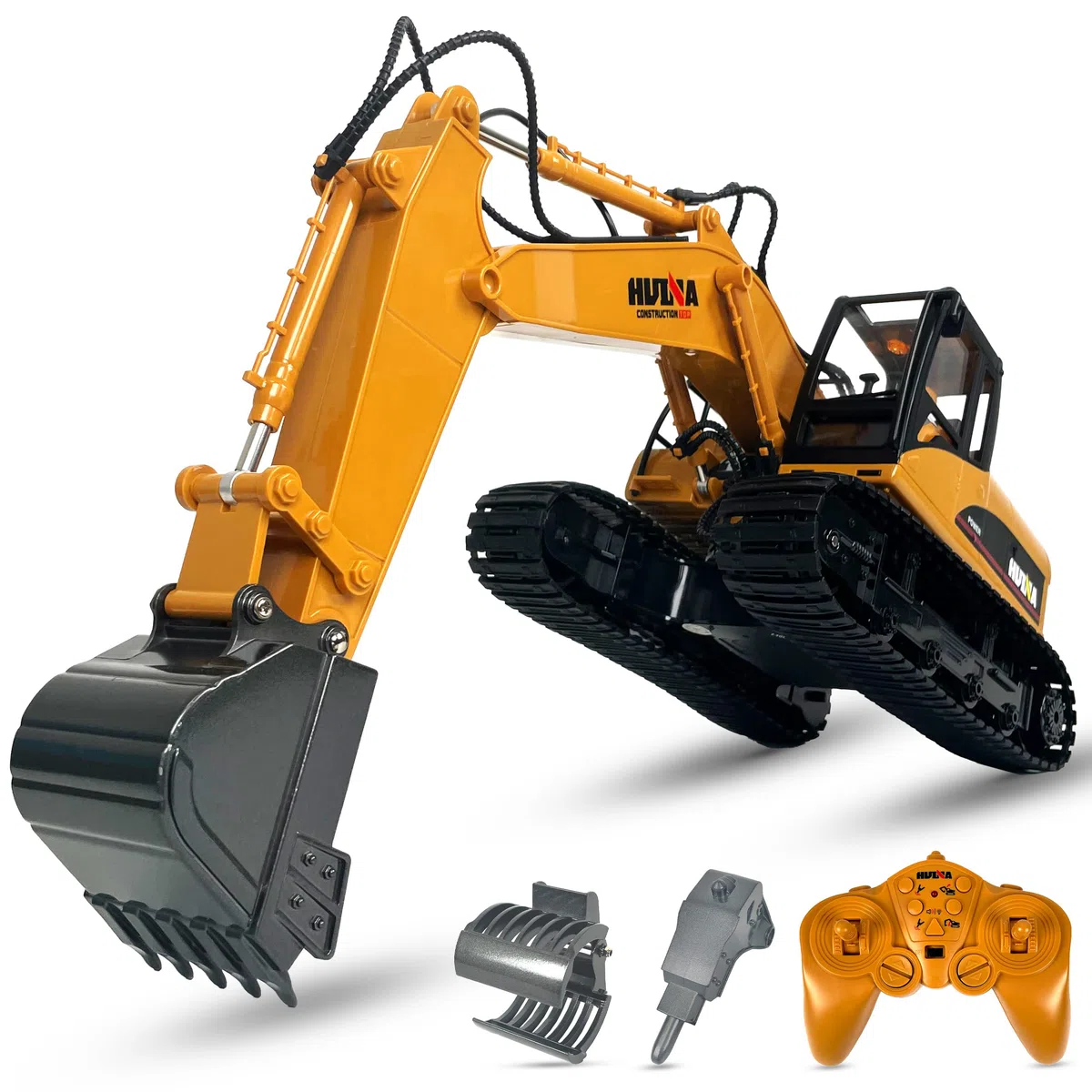 CELMAN Escavatore telecomandato – 15 canali RC escavatore ricaricabile con pala in metallo, martello demolitore e presa – scala 1:14, catene di gomma, batteria e caricatore