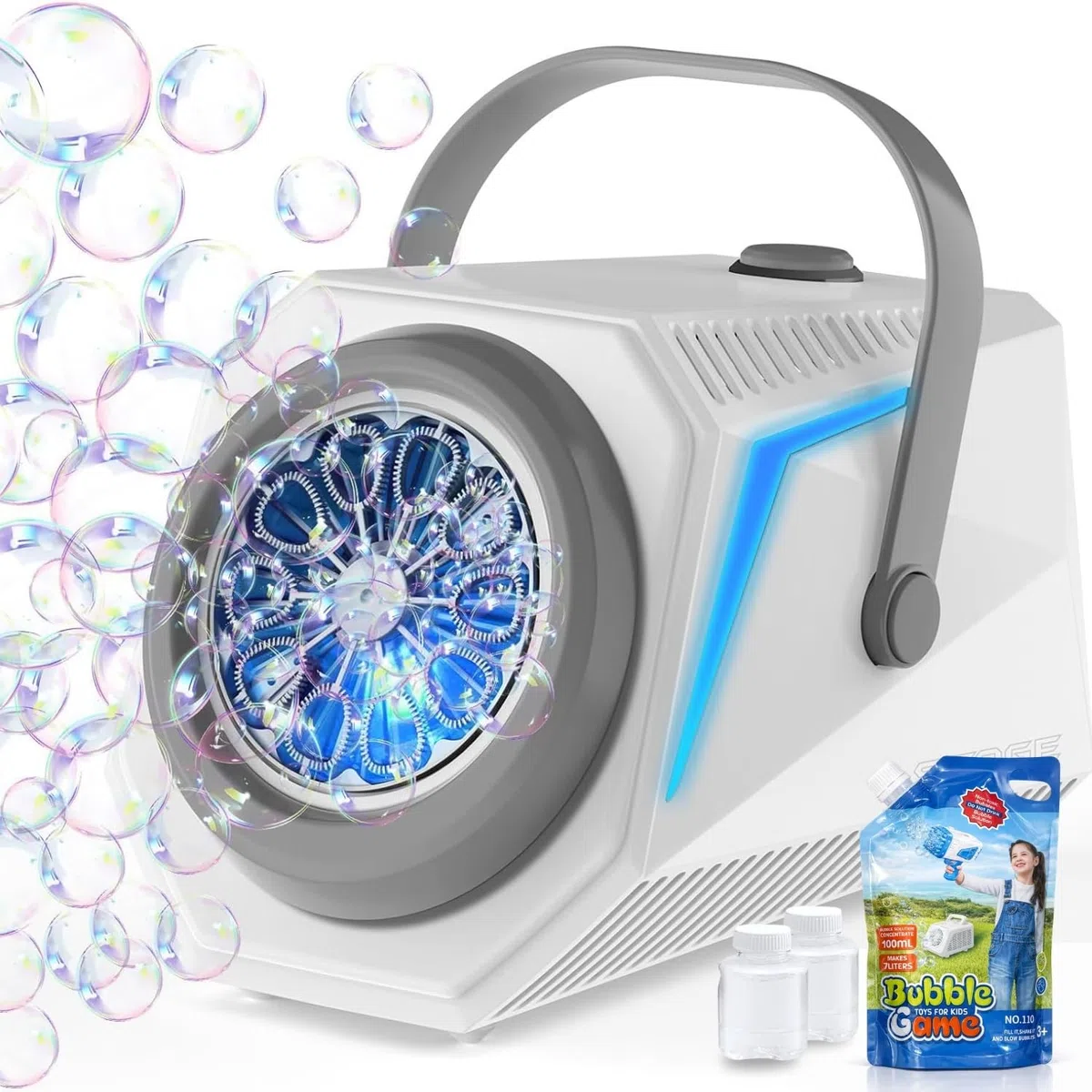 Blubbel Macchina Bolle di Sapone LED, 2x 90ml Liquido + 1L Automatico Pistola Sparabolle Bambini, Bazooka d'Aria, Bubble Gun, Giocattolo Estivo, Regalo Matrimonio, Gioco all’Aperto
