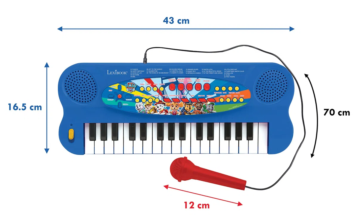 Lexibook, Paw Patrol, Tastiera elettronica con microfono, pianoforte a 32 tasti, microfono per cantare, 22 canzoni dimostrative, funzionamento a batteria, blu/rosso, K703PA