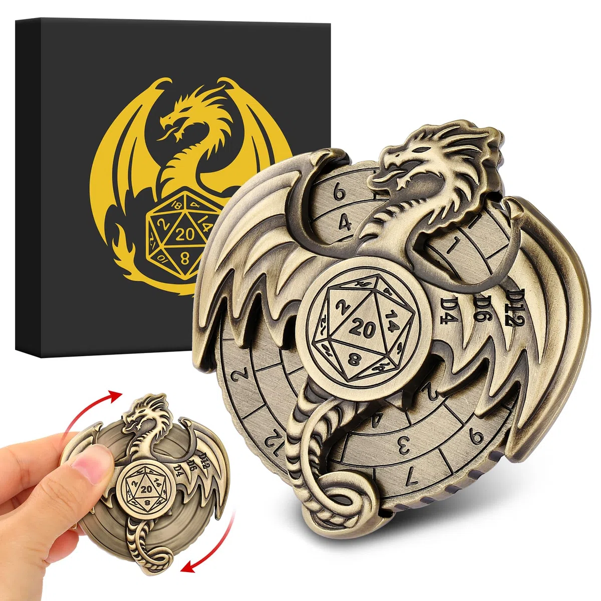 DND Ruota Dadi Spinner - 7-in-1 Drago Metallici D&D con Roulette, Gyro di Dito, Scatola Regalo, Accessori per Giochi di Ruolo e Società - Bronzo