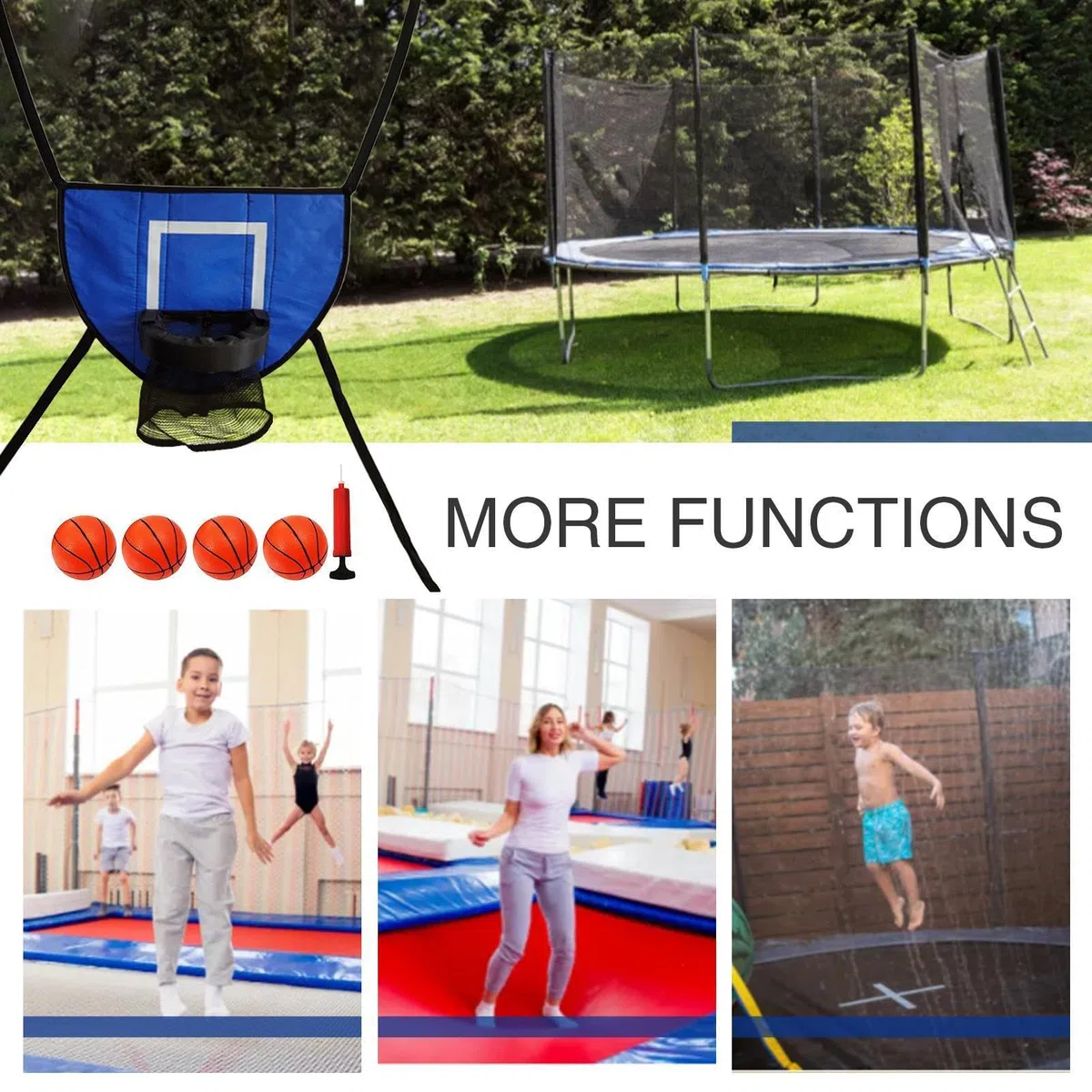 Canestro da basket per trampolino, 40 cm, regolabile, con 4 palline e pompa inclusa, telaio per trampolino, set da basket in PVC, per divertimento parco giochi per bambini, intrattenimento fitness in