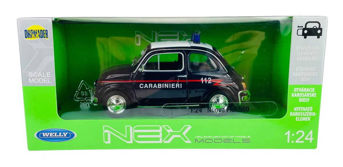 Welly Modello Auto Compatibile con FIAT Nuova 500 Carabinieri Polizia 1957-1975 ca 1/24 1:24 Metallo Modello Auto Il Cast Nuovo in Scatola