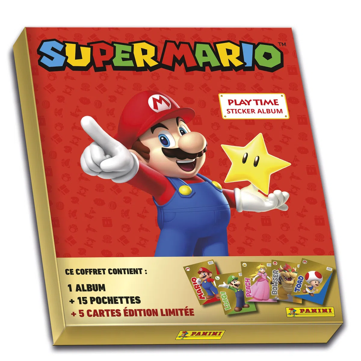 Panini Super Mario Adesivi - Cofanetto di 1 album + 15 tasche + 5 carte edizione limitata Gold, 004218MCOUAFGDC