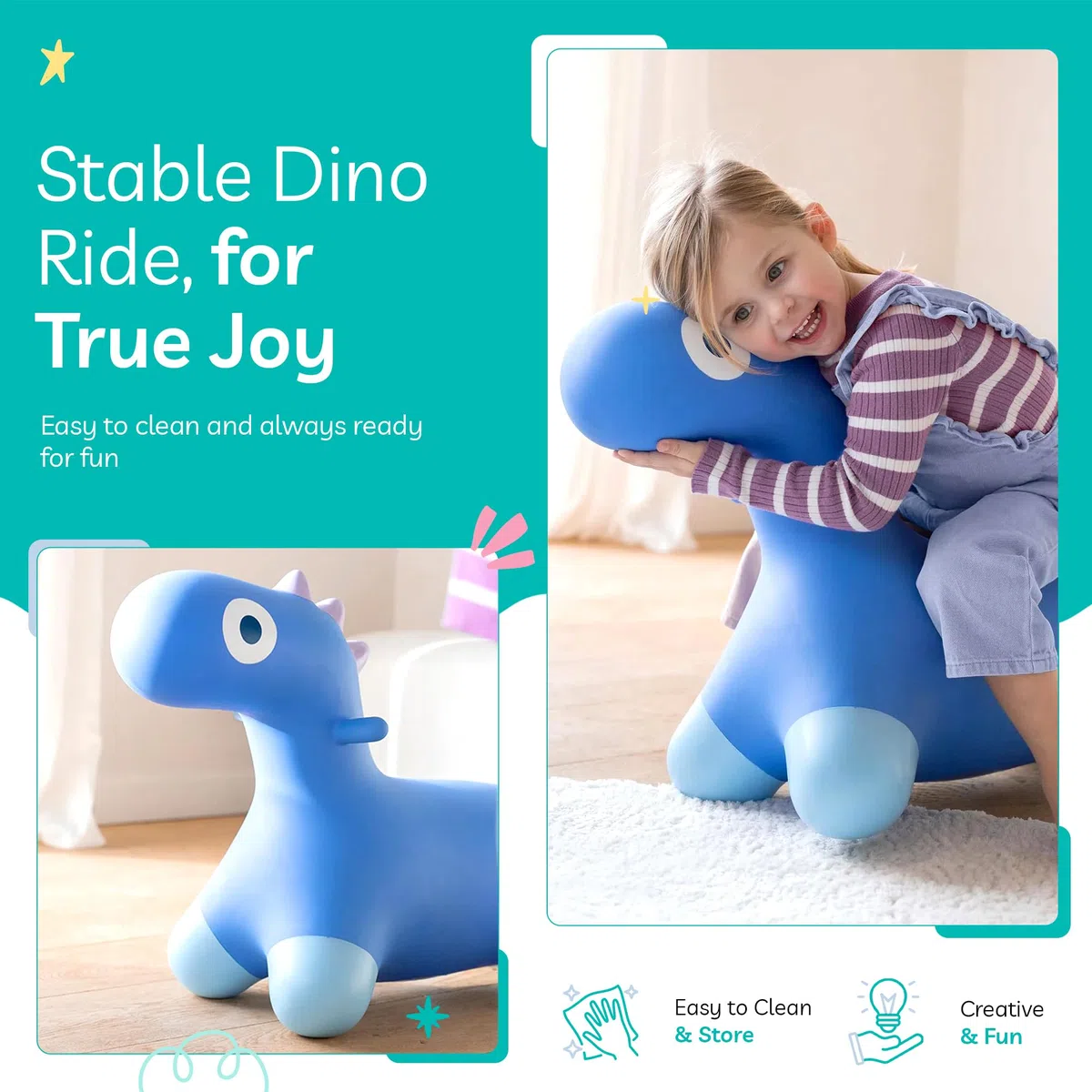 Quut - Hoppi Dino Springen - Giocattolo gonfiabile per saltare - Esterno ed Interno - Design - Pompa inclusa - Regalo - A partire dai 18 mesi (blu cosmico)