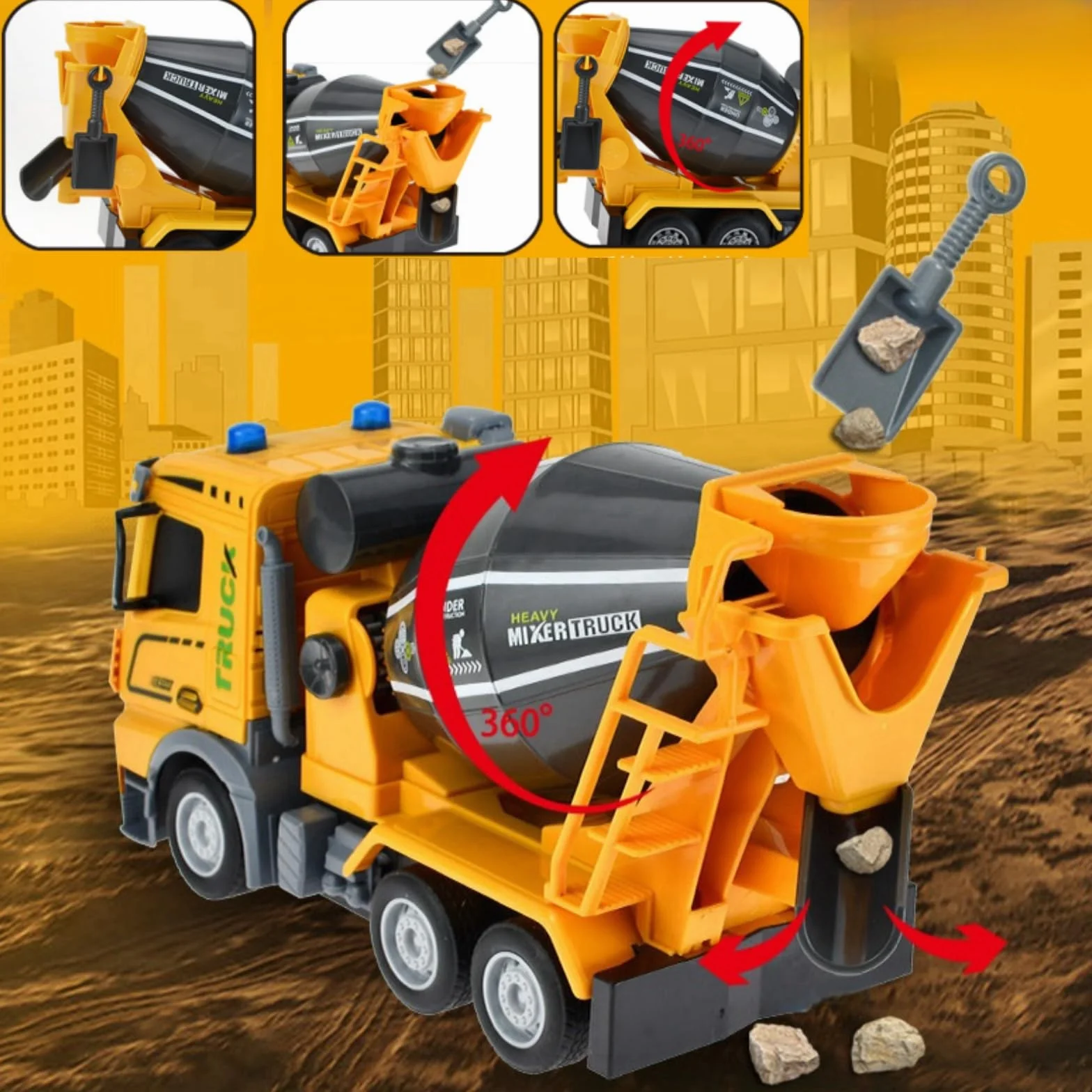 Camion betoniera con tutte le funzioni, giocattolo telecomandato alimentato a batteria, per bambini e bambine (di età 3-7), scala 1:24, con luci e suoni