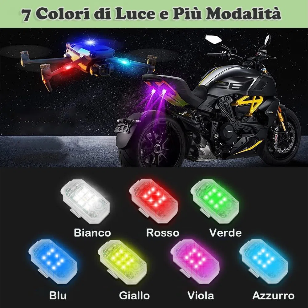 4 Luci Strobe LED Wireless con Telecomando - 7 Colori, Alta Luminosità, Ricaricabili USB, per Auto, Moto, Drone