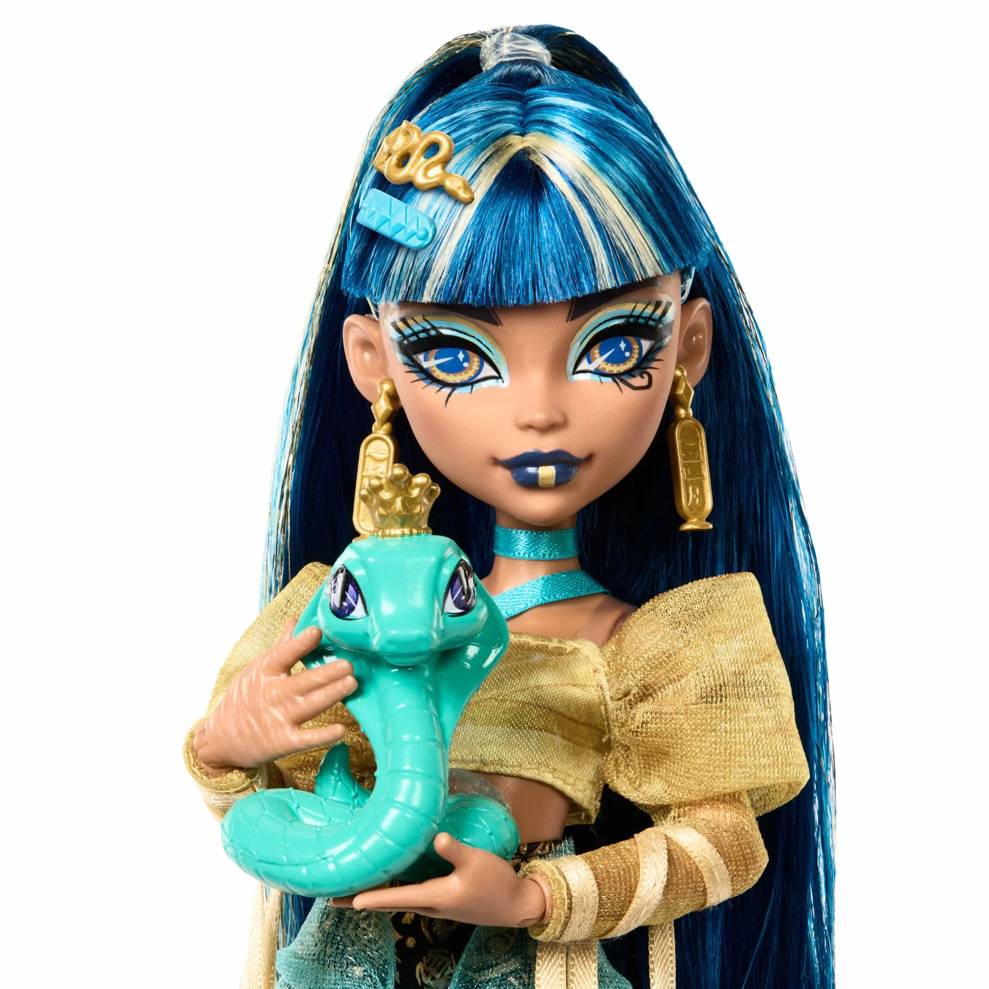 Monster High - Cleo de Nile, bambola con camicetta dorata e gonna a strati, cucciolo di cobra Hissette e accessori come zaino, snack e pergamena inclusi, giocattolo per bambini, 4+ anni, HXH74