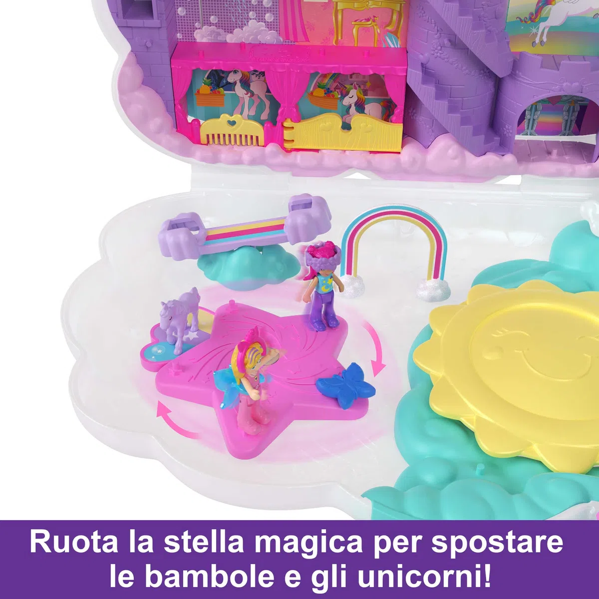 Polly Pocket - Salone di Bellezza Unicorno Arcobaleno, playset cofanetto con unicorno con testa pettinabile e 2 micro bambole, oltre 25 accessori, giocattolo per bambini 4+ anni, HMX18