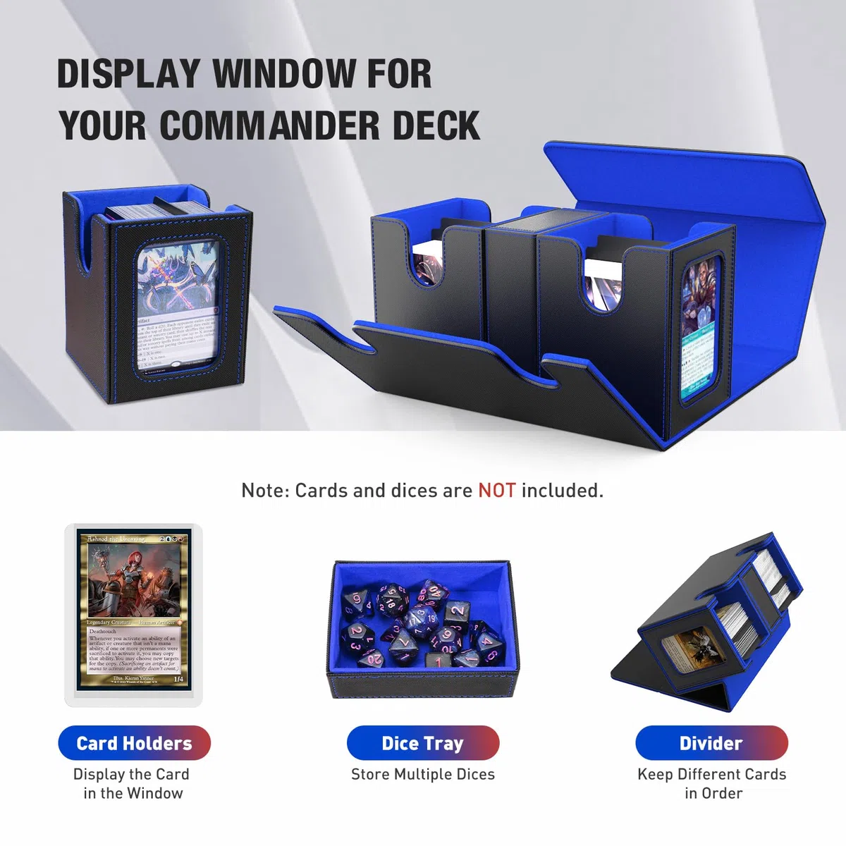 TiMOVO Scatola Porta Mazzi di Carte Magic, Scatola Magnetica con 2 Commander Display e 4 Divisori per 200+ Carte e 1 Vassoio per Dadi, Deck Box in Pelle per Carte Magiche MTG YuGiOh TCG CCG, Nero+Blu