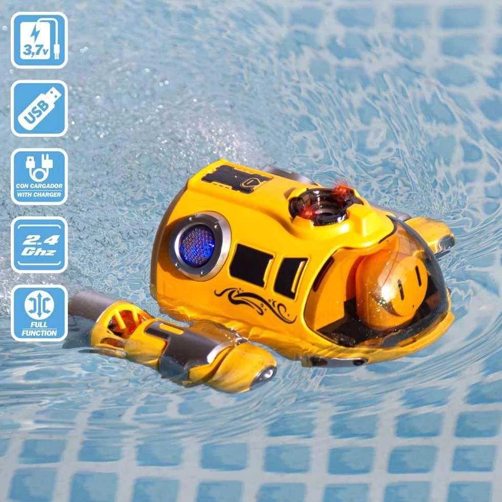 ColorBaby Subacqueo radiocomandato, 5 km/h, 25 m, rotazione a 360 gradi, con luci e spray acqua, 2,4 GHz, telecomando sommergibile, regalo per bambini, giocattoli acquatici, barca giocattolo piscina