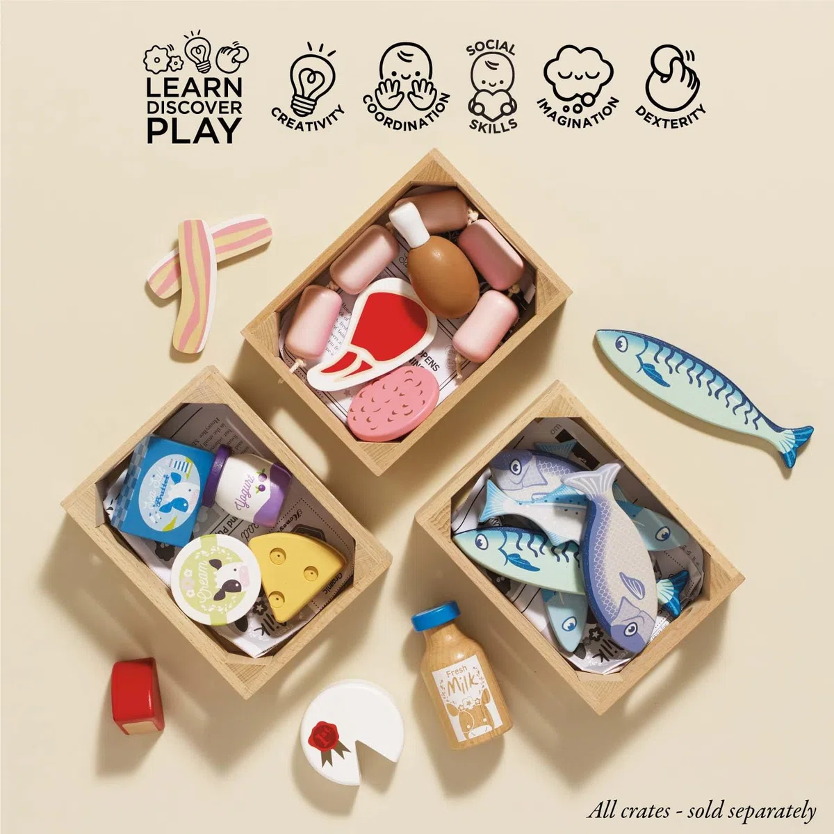 Le Toy Van - TV189 - Gioco educativo per bambini dai 2 anni cassetta di carne e insaccati in legno, giocattoli Montessori, gioco ecologico in legno FSC e colori a base d'acqua