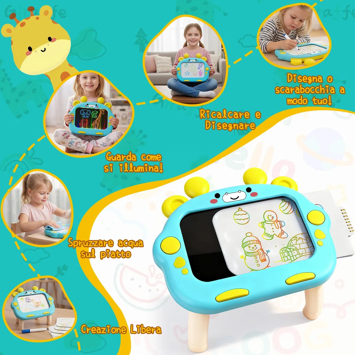 Lavagna Led per Disegnare Bambini, Lavagna Luminosa per Disegnare con 8 Penne Colorate e 8 Modalità di Illuminazione, Lavagnetta Cancellabile Bambini per 3-8 Anni Ragazzi Ragazze