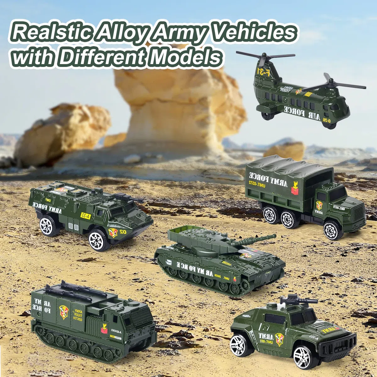 Carro Armato Giocattolo Militare con 6 Veicoli Militari, Carro Armato Giocattolo con Suono e Luce Lanciamissili Veicolo Carro Armato Regalo per Bambini Ragazzi 3 4 5 6 7 Anni (Verde)